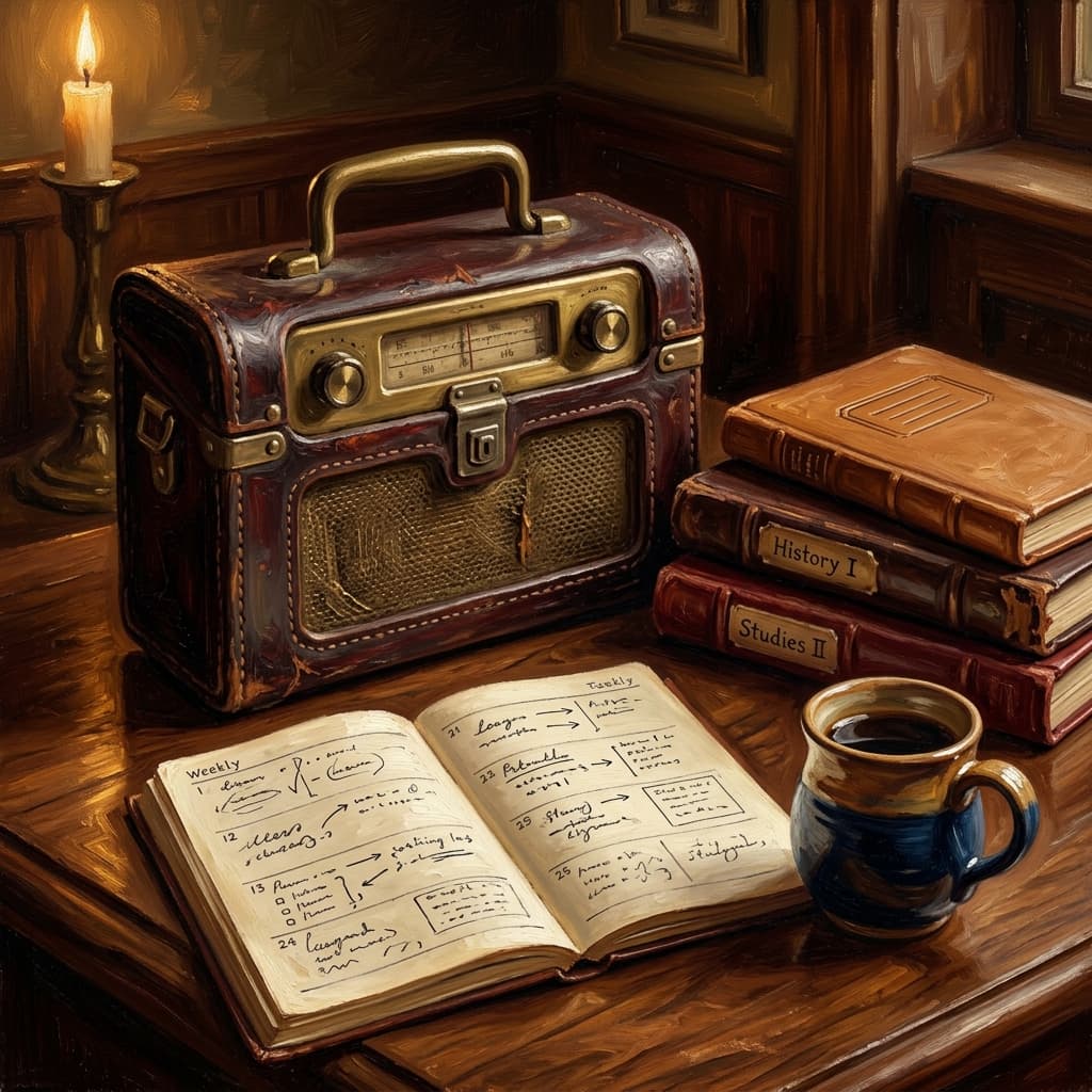 Painterly still-life of a vintage leather-cased portable radio on a polished walnut wooden surface catching dramatic warm light, a stack of three era-tabbed leather-bound history notebooks beside it (19th century, 20th century, French Revolution), an open weekly planner showing six columns of abstract handwritten evening and weekend study blocks, a brass desk lamp glowing, a ceramic coffee mug
