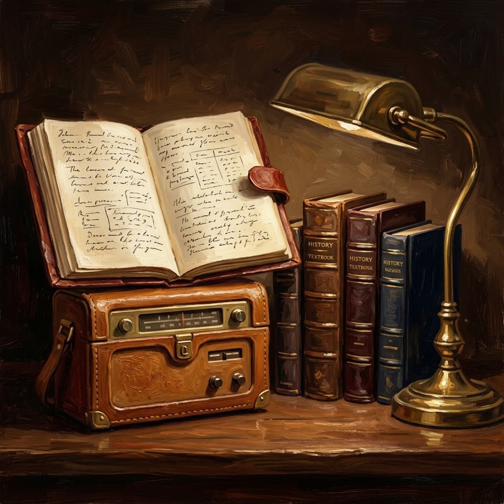 Painterly still-life of an open leather-bound history notebook with abstract handwritten era-by-era resource notes catching dramatic warm light, a vintage leather-cased portable radio suggesting podcast audio, a stack of three leather-bound history textbook volumes with abstract decorative spines, a brass desk lamp glowing, a ceramic coffee mug, on a polished walnut wooden surface