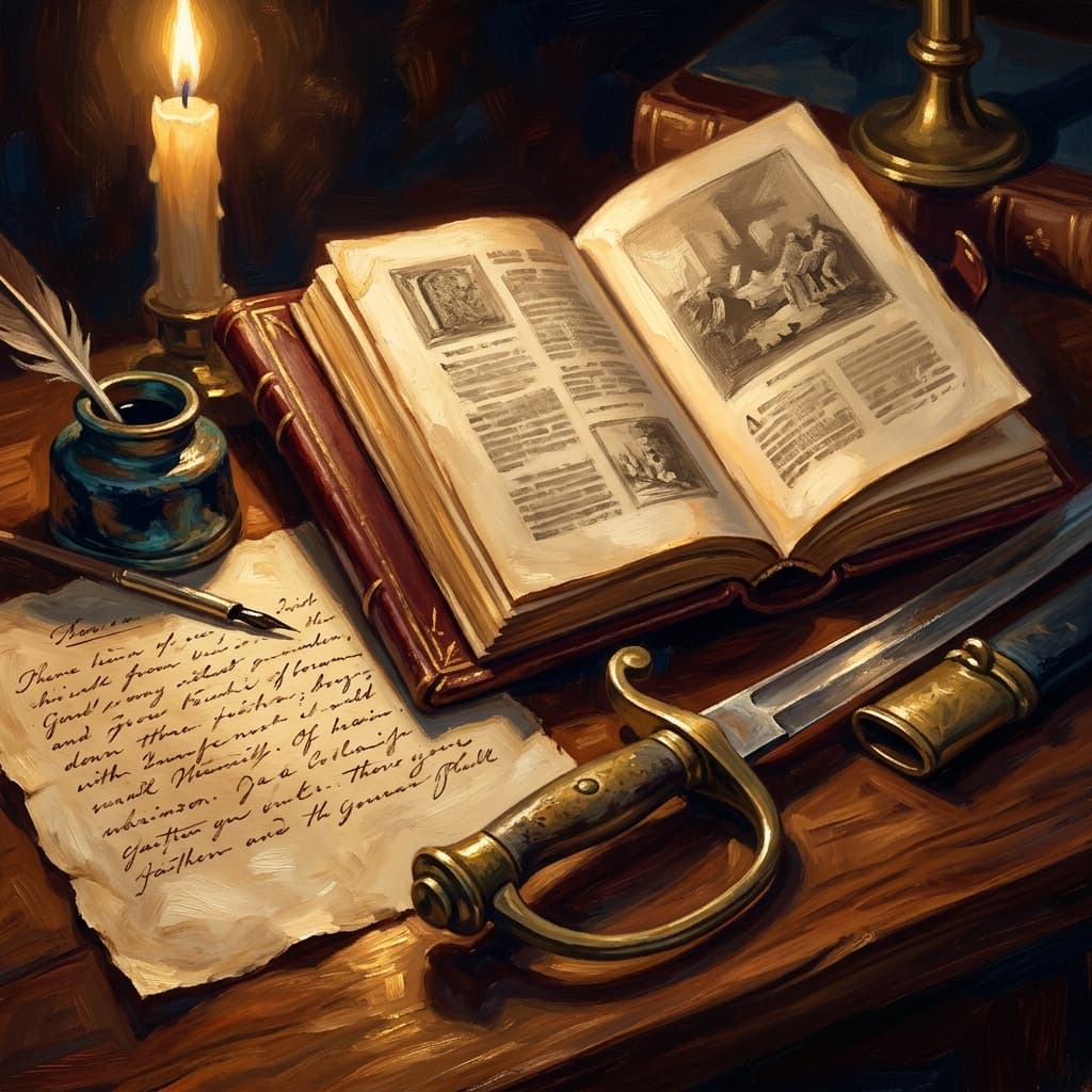 Painterly still-life of a leather-bound revolutionary-era pamphlet open showing abstract printed pages catching dramatic warm light, a brass-handled saber resting beside it, a parchment with an abstract handwritten declaration, a small bronze laurel-wreath emblem suggesting Napoleon's empire, a tarnished bronze inkwell, on a polished walnut wooden surface