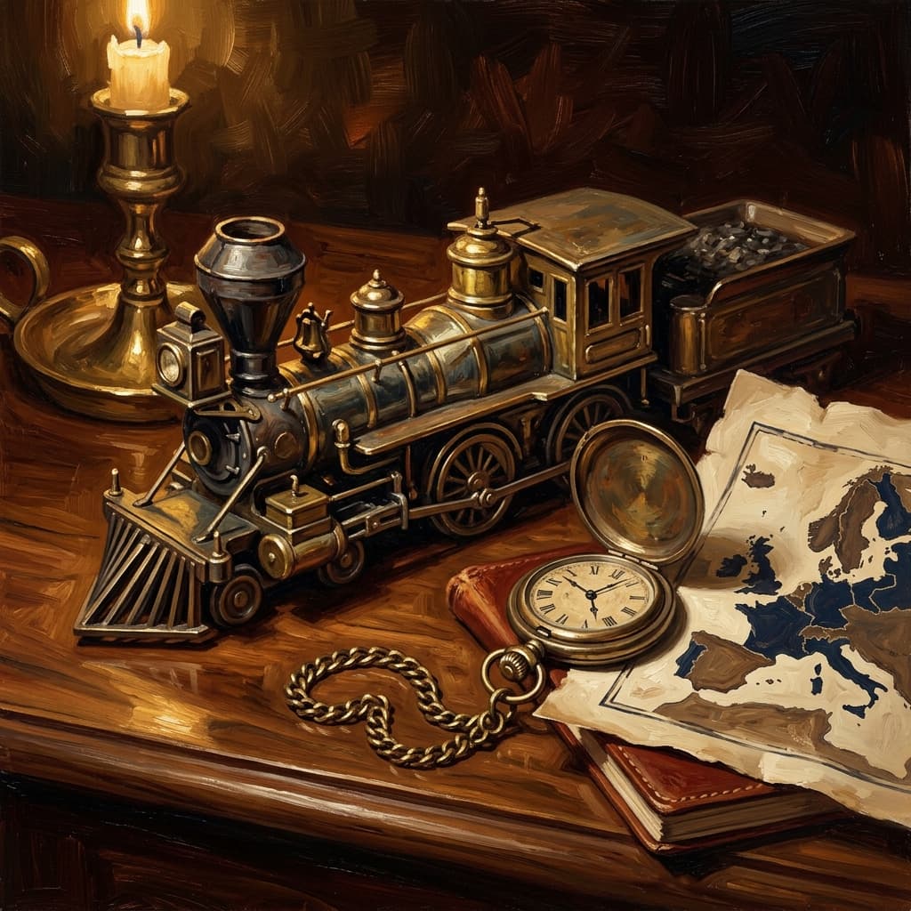 Painterly still-life of a brass-and-iron model of a 19th-century steam locomotive catching dramatic warm light, a leather-bound volume open to abstract printed pages, a brass spyglass, a tarnished bronze pocket watch with chain, a parchment map showing abstract European borders, on a polished walnut wooden surface