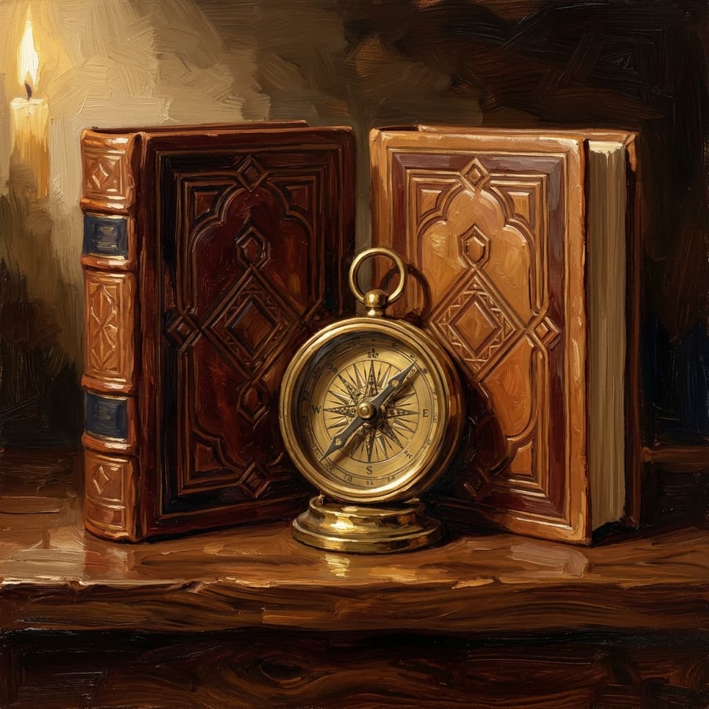 Painterly still-life of two leather-bound history volumes on a polished walnut wooden surface catching dramatic warm light, both with abstract embossed decorative geometric patterns on their covers, an open weekly planner with abstract handwritten study notes beside them, a brass nautical-style compass resting on top to suggest choosing between paths, a fanned set of three abstract test tickets in the foreground