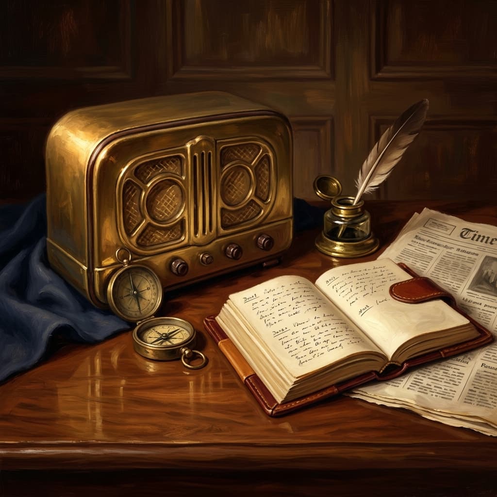 Painterly still-life of a brass-cased vintage radio sitting on a polished walnut wooden surface catching dramatic warm light, a folded period newspaper showing abstract block columns of text suggesting a wartime headline, a tarnished bronze military officer's compass beside it, a leather-bound diary open with abstract handwritten dated entries, an open period European map showing abstract redrawn borders