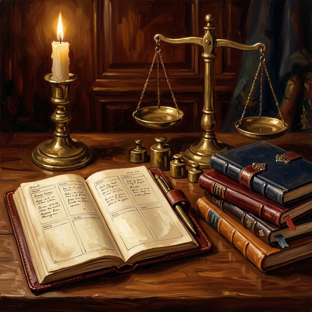 Painterly still-life of an open weekly planner showing four columns of abstract handwritten daily blocks catching dramatic warm light, a stack of four discipline-tabbed leather-bound notebooks beside it labeled by abstract decorative tabs (utilitarianism, deontology, virtue, justice), a brass desk lamp glowing, a ceramic coffee mug, a brass balance scale, on a polished walnut wooden surface