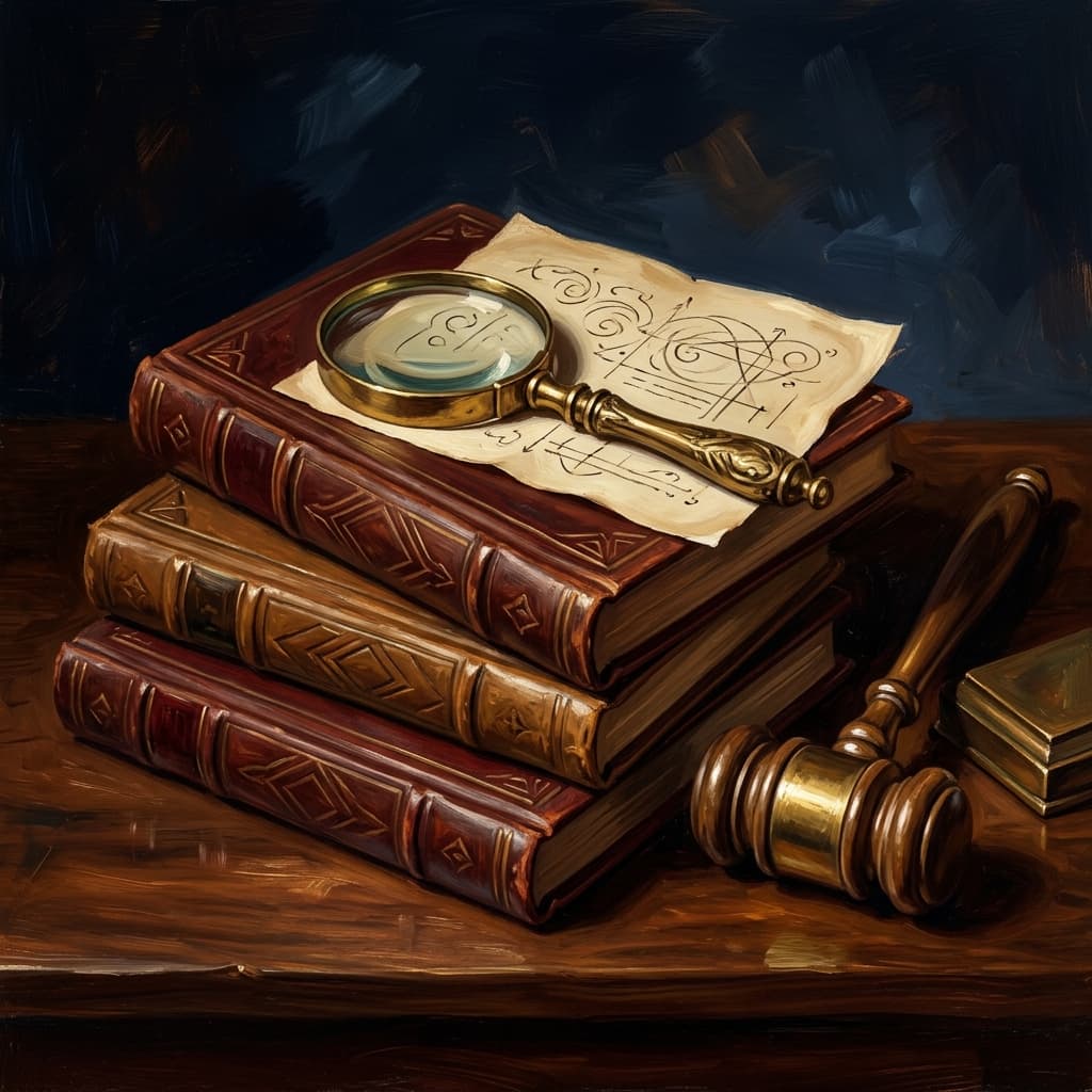 Painterly still-life of three leather-bound applied-ethics volumes on a polished walnut wooden surface catching dramatic warm light, each with abstract embossed decorative geometric covers suggesting HR, marketing, and environment, a brass magnifying glass over a parchment with abstract regulatory annotations, a tarnished bronze gavel, a feather quill, on a polished walnut wooden surface