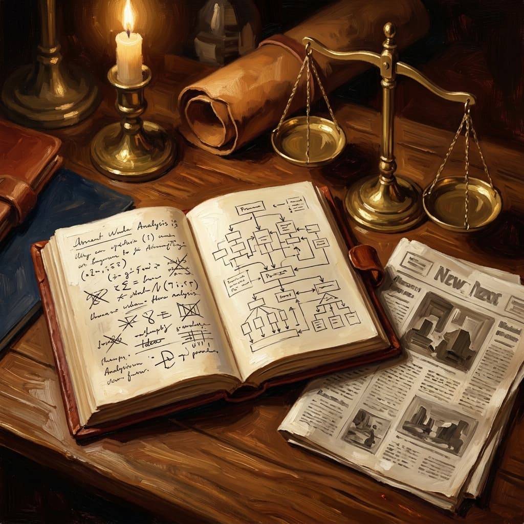 Painterly still-life of an open leather-bound observation journal with abstract handwritten news-headline analysis on the left page and abstract framework-mapping diagrams on the right page catching dramatic warm light, a brass balance scale tipped neutrally to suggest suspended judgment, a folded period newspaper showing abstract column headlines, a brass desk lamp glowing, a ceramic coffee mug, on a polished walnut wooden surface