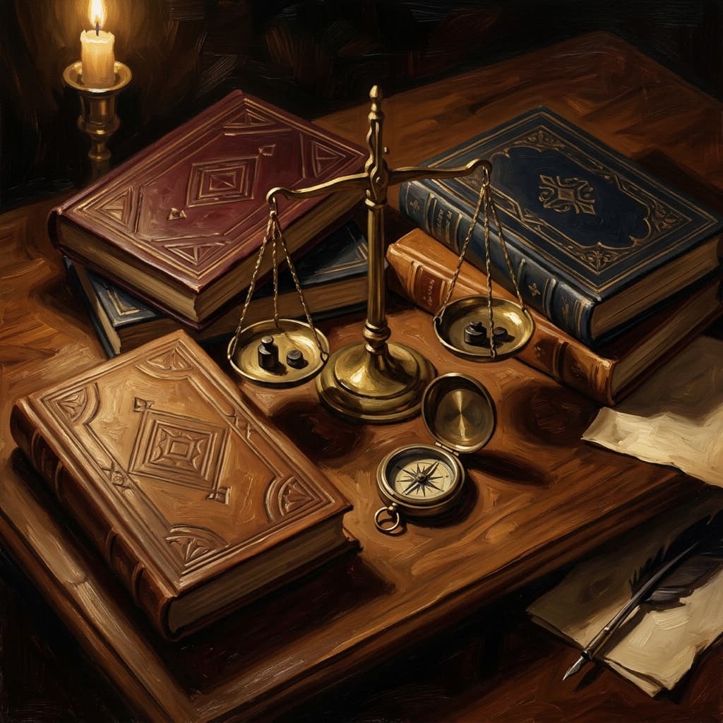 Painterly still-life of four leather-bound philosophy volumes arranged in a square on a polished walnut wooden surface catching dramatic warm light, each with abstract embossed decorative geometric covers suggesting different ethical traditions, a brass balance scale at the center, a tarnished bronze pocket compass, a feather quill resting on a parchment with abstract handwritten framework annotations