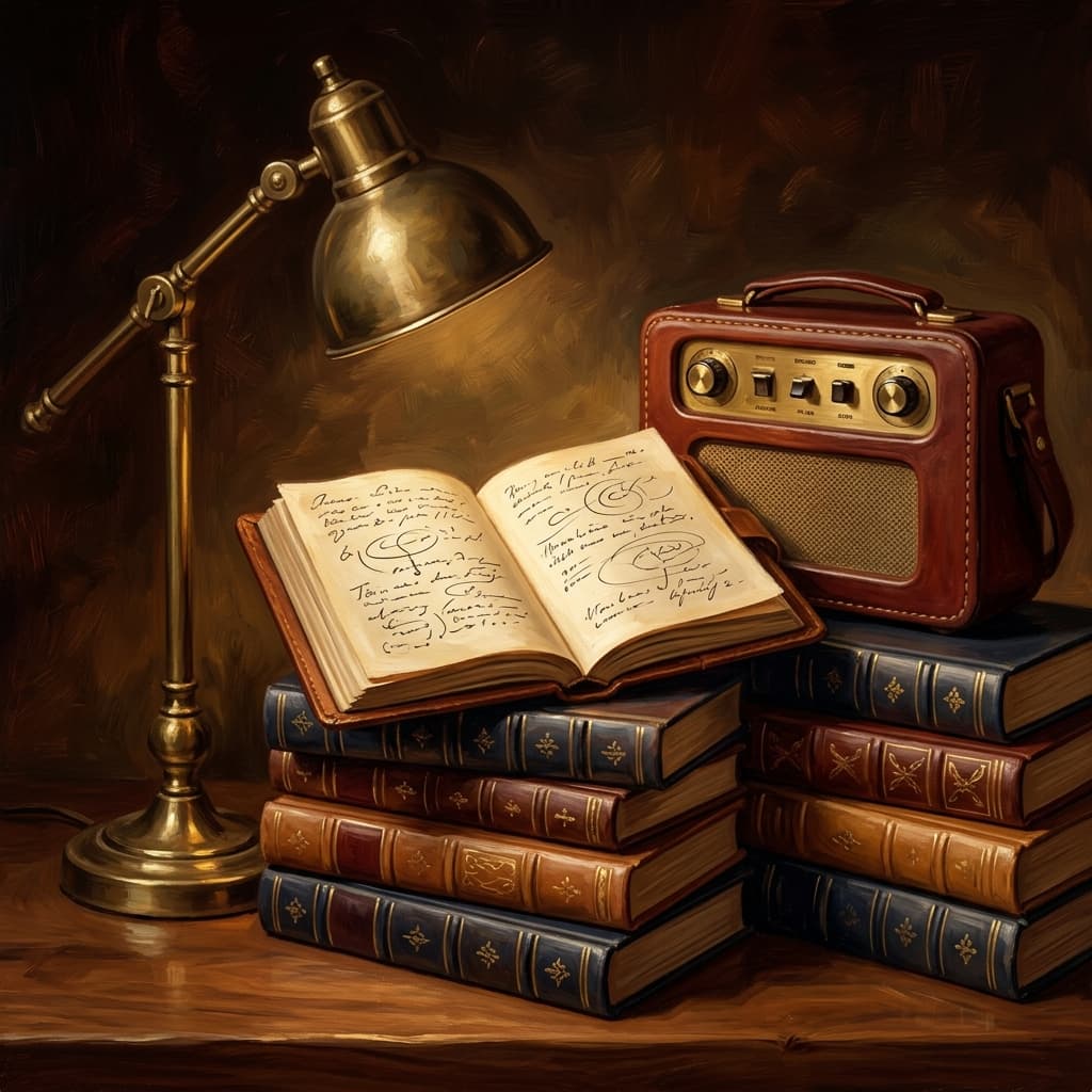 Painterly still-life of an open leather-bound notebook with abstract handwritten resource notes catching dramatic warm light, a vintage leather-cased portable radio, a stack of five leather-bound ethics-reference volumes with abstract decorative spines suggesting Markkula plus Stanford plus OpenStax, a brass desk lamp glowing, a ceramic coffee mug, on a polished walnut wooden surface