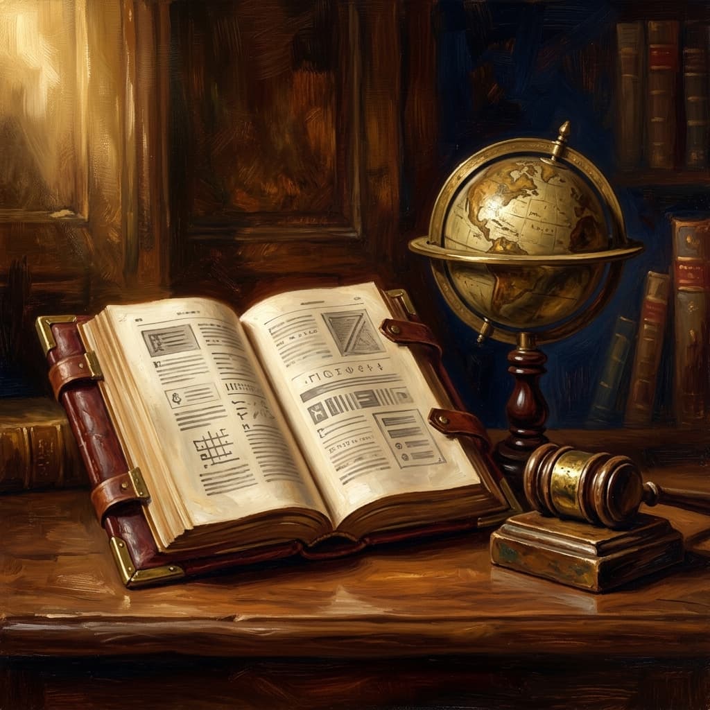 Painterly still-life of an open leather-bound regulatory codex with abstract printed statute pages catching dramatic warm light, a small brass globe on a wooden stand suggesting international scope, a tarnished bronze gavel resting beside the codex, a feather quill on a parchment with abstract regulatory annotations, a brass magnifying glass over a statute section, on a polished walnut wooden surface