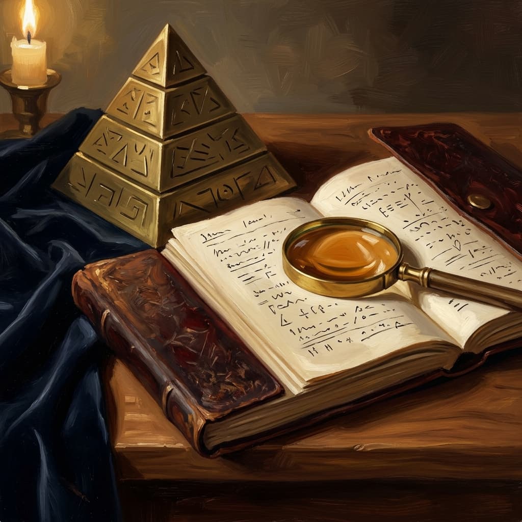 Painterly still-life of a brass four-tier pyramid model on a polished walnut wooden surface catching dramatic warm light, suggesting Carroll's CSR pyramid, with abstract decorative engravings on each tier; beside it an open leather-bound notebook with abstract handwritten stakeholder-mapping annotations, a brass magnifying glass over an abstract organizational chart, a tarnished bronze inkwell, a feather quill, on a polished walnut wooden surface