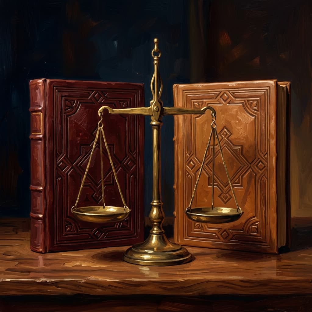 Painterly still-life of two leather-bound ethics volumes side by side on a polished walnut wooden surface catching dramatic warm light, both with abstract embossed decorative geometric covers, a brass balance scale resting between them, the smaller volume marked with abstract geometric symbols suggesting commerce, the larger volume marked with abstract emblems suggesting history and philosophy, a feather quill resting on a parchment with abstract handwritten notes