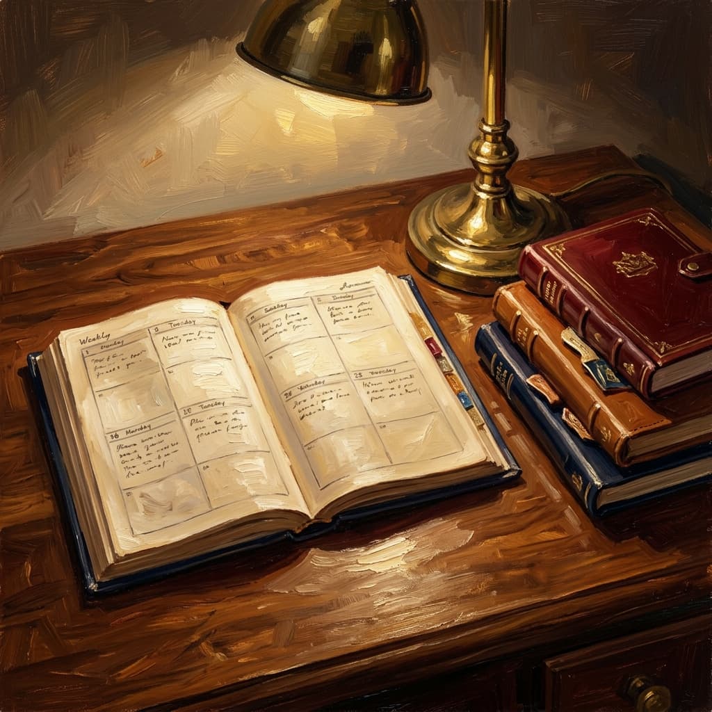 Painterly still-life of an open weekly planner showing four columns of abstract handwritten daily blocks catching dramatic warm light, a stack of three discipline-tabbed leather-bound notebooks beside it suggesting individual, group, and organizational processes, a brass desk lamp glowing, a ceramic coffee mug, a tarnished bronze magnifying glass, on a polished walnut wooden surface