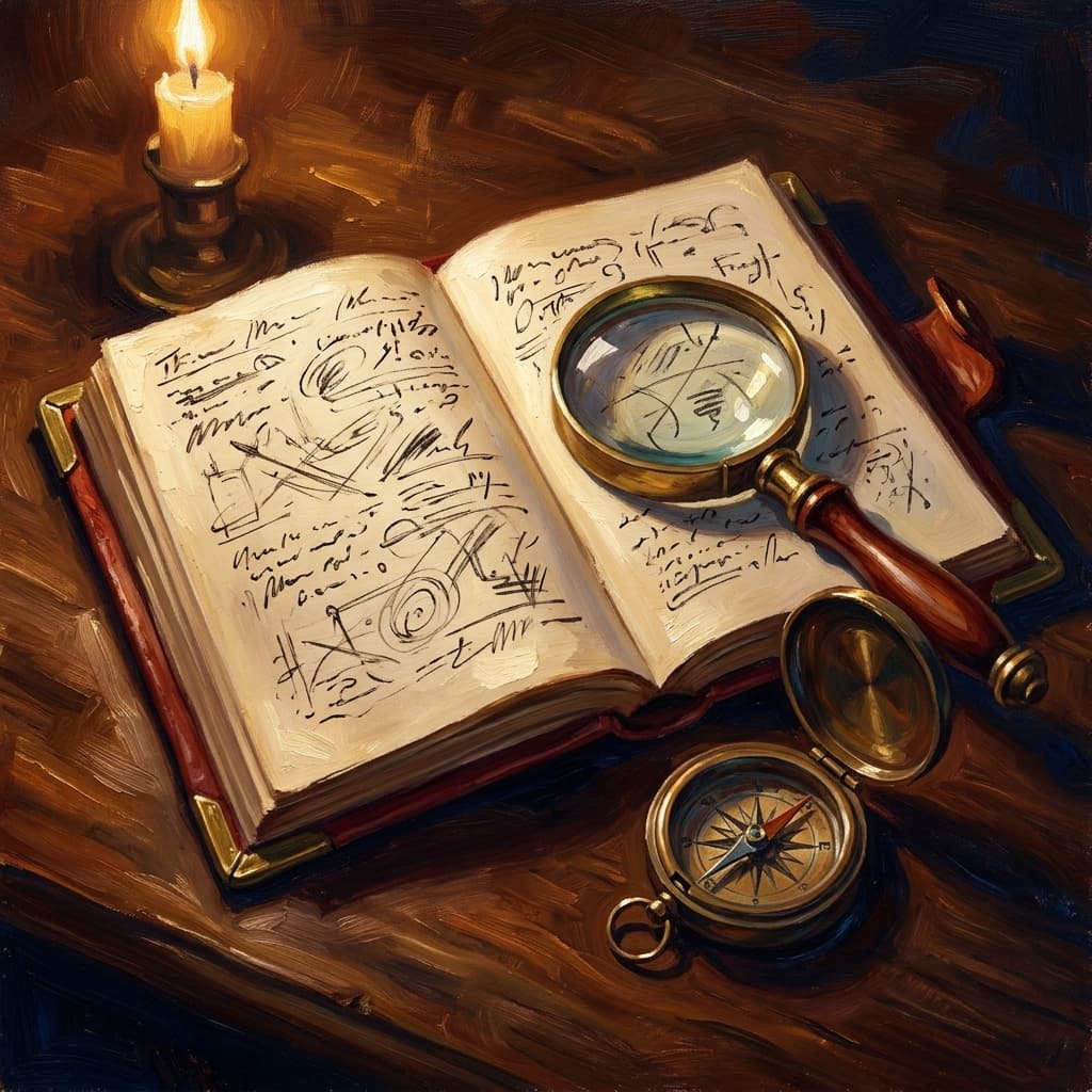 Painterly still-life of an open leather-bound workplace journal showing abstract handwritten OB-decode annotations across all four content areas catching dramatic warm light, a brass magnifying glass over an abstract organizational-chart sketch, a tarnished bronze pocket compass, a stack of three smaller leather-bound notebooks tabbed by abstract decorative tabs suggesting individual, group, organizational, change content areas, on a polished walnut wooden surface
