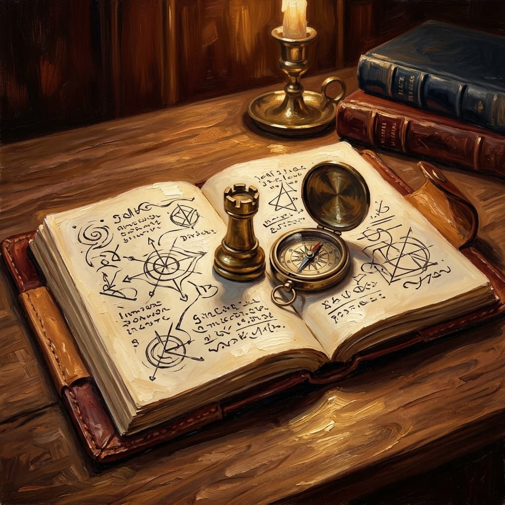Painterly still-life of an open leather-bound group-dynamics notebook with abstract handwritten Tuckman-stage annotations catching dramatic warm light, a small brass model of a chess piece suggesting strategic interaction, a tarnished bronze pocket compass, a stack of three smaller leather-bound leadership-theory notebooks tabbed by abstract decorative tabs, on a polished walnut wooden surface