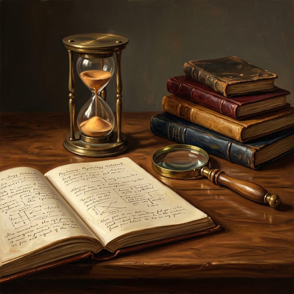 Painterly still-life of an open leather-bound psychology notebook with abstract handwritten motivation-theory annotations catching dramatic warm light, a tarnished bronze hourglass, a brass magnifying glass over a parchment with abstract Big Five personality-trait labels, a stack of three smaller leather-bound notebooks tabbed by abstract decorative tabs suggesting content-based and process-based theories, on a polished walnut wooden surface