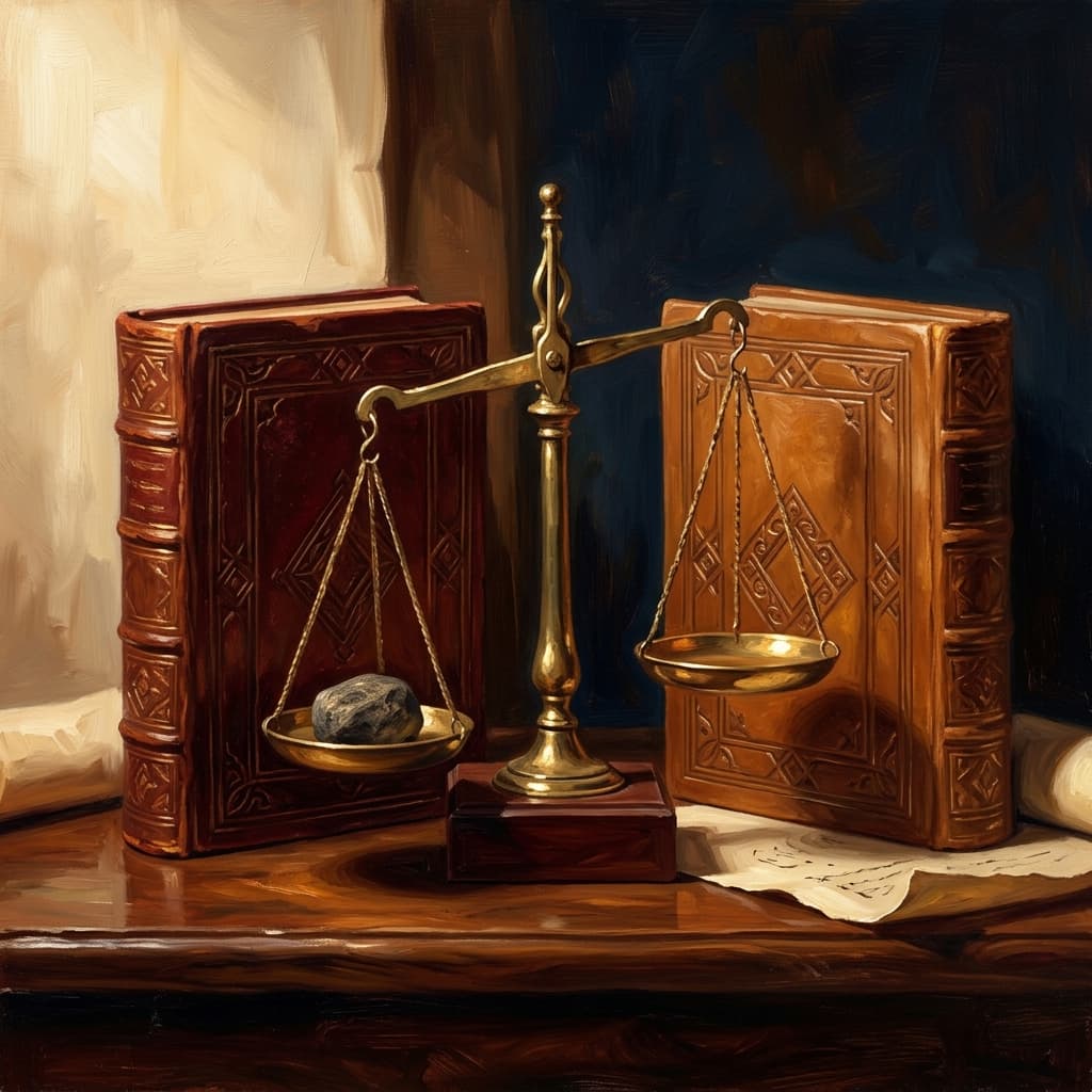 Painterly still-life of two leather-bound business-psychology volumes side by side on a polished walnut wooden surface catching dramatic warm light, both with abstract embossed decorative geometric covers, a brass balance scale resting between them, the smaller volume marked with abstract geometric symbols suggesting theoretical foundations, the larger volume marked with abstract emblems suggesting applied work, a feather quill on a parchment with abstract handwritten notes