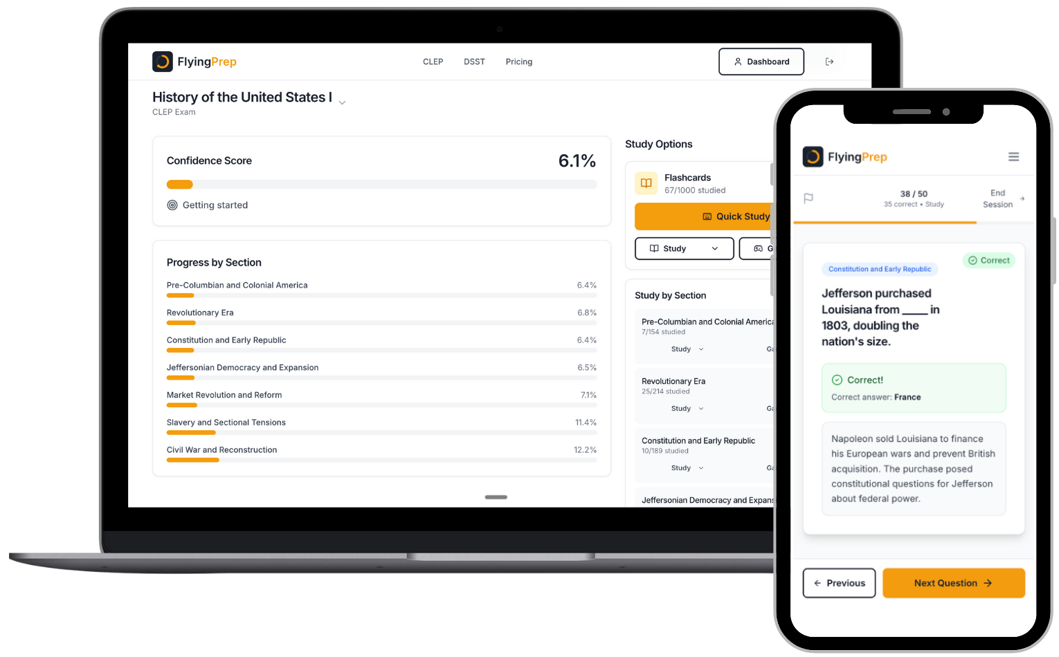 Flying Prep study platform showing practice questions and confidence scoring